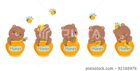 Bear in honey jar. Kids cute teddy bears friend, sweet cartoon forest animal and bee. Nice funny jars with children toy eating, sleep, joyful nowaday vector characters 92108976
