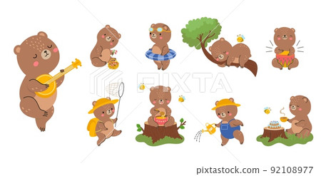 Cute cartoon bear. Emotions baby bears, teddy toy design various poses. Funny wild animal eating honey, sleep and read book, forest nowaday vector character 92108977