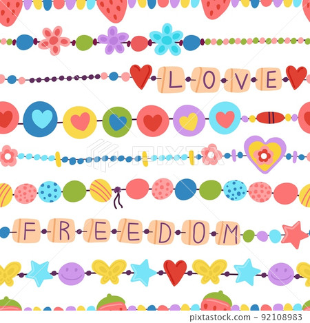 Plastic beads bracelets kids jewelry. Beaded bracelet seamless pattern. Cartoon wristband with flowers, hippie freedom and love retro decent vector background Plastic beads bracelets kids jewelry. Beaded bracelet seamless pattern. Cartoon wristband with flowers, hippie freedom and love retro decent vector background 92108983