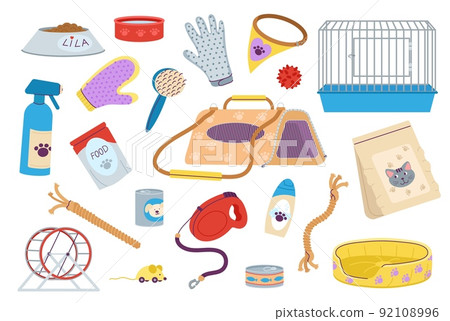 Care and grooming. Pet store, dog groomers service tools. Animal cage and bed, food and treats. Isolated cat dogs hamster decent vector accessories 92108996
