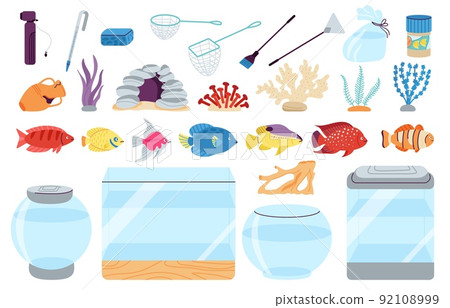 Aquarium fish and tools. House fish, tank glass and care pet accessories. Cartoon exotic underwater animals, fishbowl and tropical marine decent vector set Aquarium fish and tools. House fish, tank glass and care pet accessories. Cartoon exotic underwater animals, fishbowl and tropical marine decent vector set 92108999