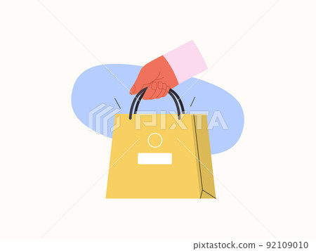 Electronic commerce -Online shopping and electronic commerce series -modern flat vector concept illustration of a hand holding paper shopping bag. Promotion, discounts, sale and online orders concept 92109010