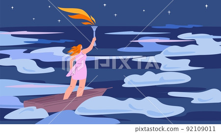 Enlightenment. Girl with burning torch flying alone in wooden boat from night. Education, female power, personal inner freedom vector metaphor 92109011