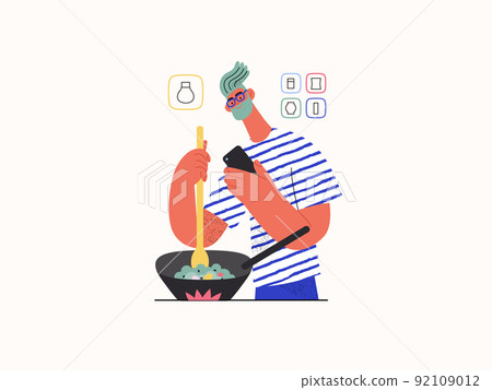 Shop now - Online shopping and electronic commerce series - modern flat vector concept illustration of a man cooking in pan and shopping. Promotion, discounts, sale and online orders concept 92109012