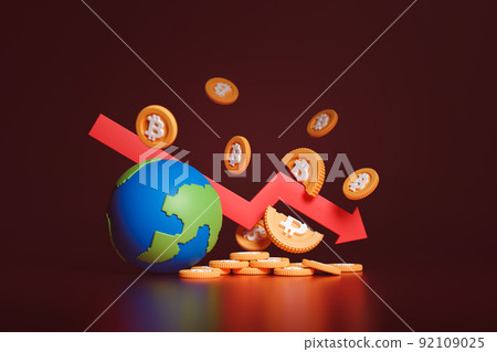 3d rendering cryptocurrency price collapse crisis. Downward arrow crash broken bitcoin and planet earth on dark red background. 3d rendering cryptocurrency price collapse crisis. Downward arrow crash broken bitcoin and planet earth on dark red background. 92109025