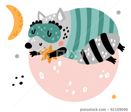 Sleepy cute animals. Happy baby raccoon sleeping on moon. Cartoon creature dreaming in bed. Animal slumbering under blanket. Fantasy night relaxation. Stars and planet. Vector napping cub Sleepy cute animals. Happy baby raccoon sleeping on moon. Cartoon creature dreaming in bed. Animal slumbering under blanket. Fantasy night relaxation. Stars and planet. Vector napping cub 92109090