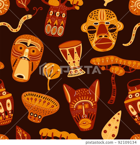 African masks seamless pattern. Ritual decorative elements. Ancient crafts and traditional items. Cultural symbols. Tribal totems and djembe. Baobab and animals. Classy vector background 92109134
