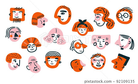 Abstract profile portraits. Modern characters. Doodle avatars. Decorative heads. Male and female caricature faces. Contemporary collage sketches. Social media icons. Classy vector set 92109135