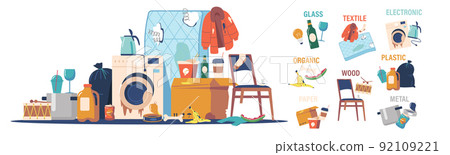 Garbage Sorting and Recycling Concept with Heap of Different Trash and Litter. Glass, Textile, Electronic and Organic 92109221