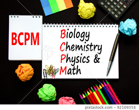 BCPM biology chemistry physics math symbol. Concept words BCPM biology chemistry physics math on the note on beautiful black background. Business BCPM biology chemistry physics math concept. BCPM biology chemistry physics math symbol. Concept words BCPM biology chemistry physics math on the note on beautiful black background. Business BCPM biology chemistry physics math concept. 92109358