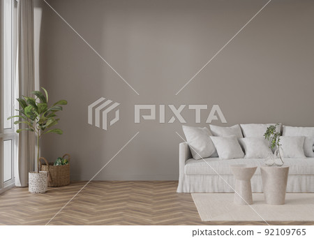 Empty grey wall in modern living room. Mock up interior in contemporary style. Free, copy space for your picture, text, or another design. Sofa, carpet, table. 3D rendering. Empty grey wall in modern living room. Mock up interior in contemporary style. Free, copy space for your picture, text, or another design. Sofa, carpet, table. 3D rendering. 92109765
