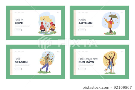 Characters Walk at Autumn Day Landing Page Template Set. Men and Women and Kids Playing in Park with Leaves 92109867