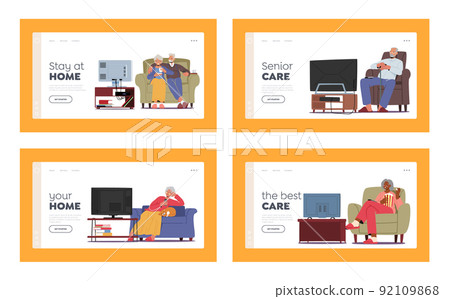 Senior People Watching Tv Landing Page Template Set. Elderly Male and Female Characters Sitting on Comfortable Armchair Senior People Watching Tv Landing Page Template Set. Elderly Male and Female Characters Sitting on Comfortable Armchair 92109868