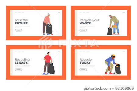Volunteers Cleaning Garbage Landing Page Template Set. Men or Women Characters Working, Volunteering, Collecting Trash 92109869