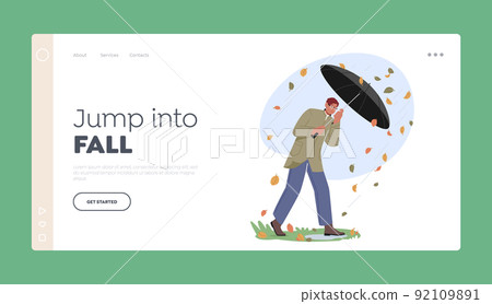 Fall Landing Page Template. Man Holding Umbrella Protect from Wind and Falling Leaves. Male Character Fighting with Wind 92109891