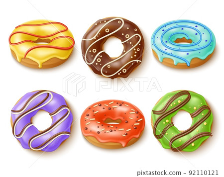 Glazed donuts set. Realistic sweet cakes with different toppings and flavors, sweet dessert pastries, tasty bakery products, chocolate and pink, utter vector isolated 3d objects 92110121