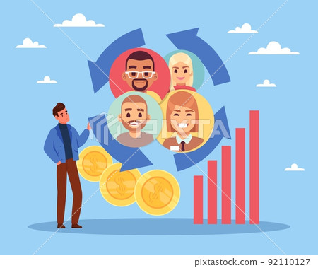 Customer service and retention. Loyalty program, sale and discounts for regular customers, people get shopping bonuses and cashback. Retail business and e-commerce. Vector concept Customer service and retention. Loyalty program, sale and discounts for regular customers, people get shopping bonuses and cashback. Retail business and e-commerce. Vector concept 92110127