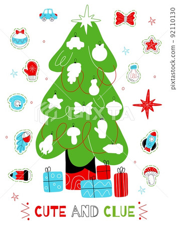 Christmas tree kids game. Childrens education, new year toys stickers, tree decoration worksheet template, empty spaces with silhouettes, book page. Swanky vector isolated concept Christmas tree kids game. Childrens education, new year toys stickers, tree decoration worksheet template, empty spaces with silhouettes, book page. Swanky vector isolated concept 92110130