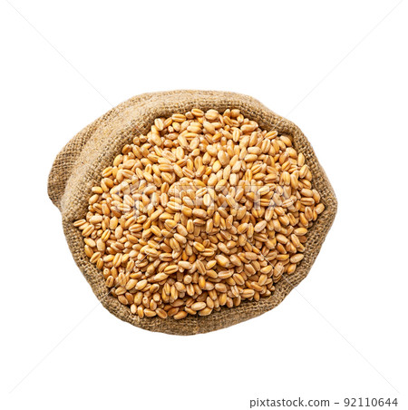 organic wheat in sack isolated on white background top view. organic wheat in sack isolated on white background top view. 92110644