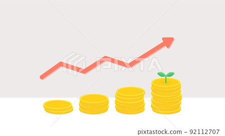 堆積的硬幣/硬幣和向右增加的紅色箭頭――興趣/利潤增加圖像的材料 92112707