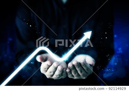 Businessman hand holding virtual arrow graph corporate future growth plan 92114929