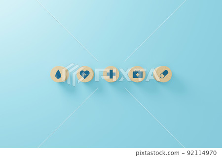 Wood block with icon healthcare medical, Insurance for your health concept. 3d render illustration Wood block with icon healthcare medical, Insurance for your health concept. 3d render illustration 92114970
