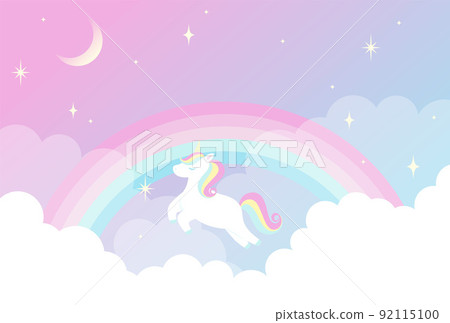 漂浮在天空中的彩虹色獨角獸的背景插圖 漂浮在天空中的彩虹色獨角獸的背景插圖 92115100