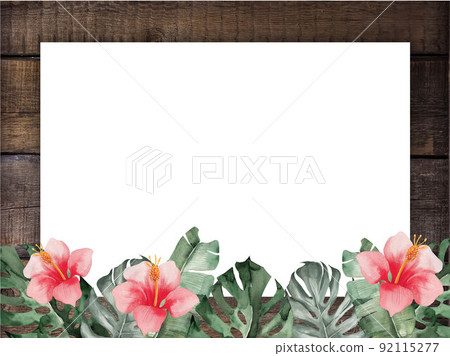 Background material for white background title with wood grain and hibiscus resort feeling 92115277