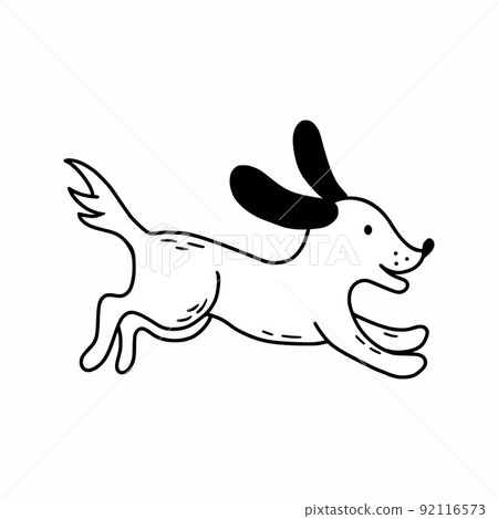 Cute puppy in  style of doodles. Dog with long ears is running. Coloring book for children. 92116573
