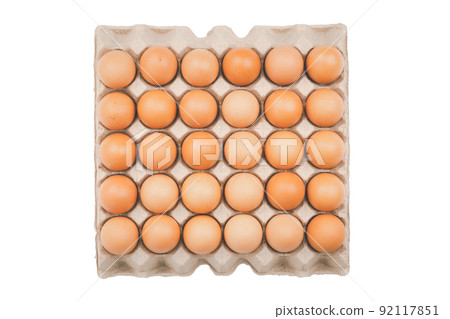 Raw chicken eggs in carton pack isolated on white background, Top view 92117851