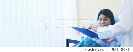 Banner Woman doctor and patient consultation with professional specialist diagnostics at hospital medicare treatment clinic. Panorama Doctor talking to patient for medical health care with copy space Banner Woman doctor and patient consultation with professional specialist diagnostics at hospital medicare treatment clinic. Panorama Doctor talking to patient for medical health care with copy space 92118086