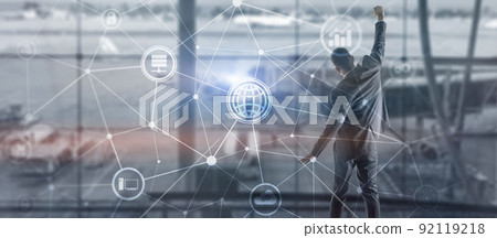 Communications project. Graphics on the background of office workers 92119218