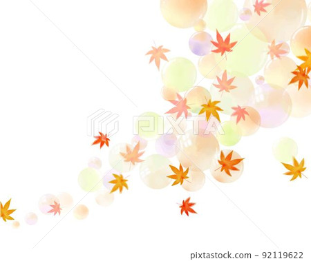 流行水彩風格彩虹色肥皂泡、秋葉和楓葉可愛的秋天圖像白色背景手繪插圖框架 流行水彩風格彩虹色肥皂泡、秋葉和楓葉可愛的秋天圖像白色背景手繪插圖框架 92119622