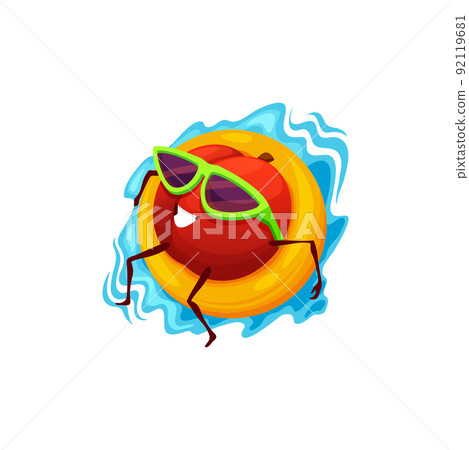 Cartoon tropical peach on inflatable ring. Vector fresh garden fruit character wear sunglasses tanning and relax in pool or floating on ocean waves. Orchard plant game or book personage on vacation Cartoon tropical peach on inflatable ring. Vector fresh garden fruit character wear sunglasses tanning and relax in pool or floating on ocean waves. Orchard plant game or book personage on vacation 92119681