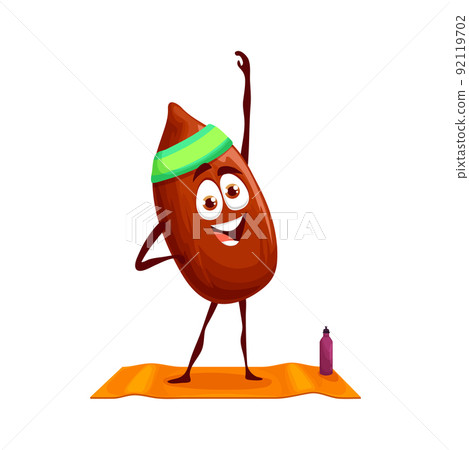 Cartoon almond nut happy character on yoga or fitness sport. Vector funny smiling sportsman seed personage wear headband stand on mat with water bottle doing pilates stretching. Healthy nut 92119702