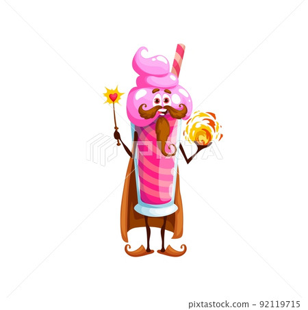Cartoon dessert wizard character. Milkshake or smoothie sweet drink sorcerer cheerful personage, fast food cafe dessert beverage vector character casting fireball with magic wand Cartoon dessert wizard character. Milkshake or smoothie sweet drink sorcerer cheerful personage, fast food cafe dessert beverage vector character casting fireball with magic wand 92119715
