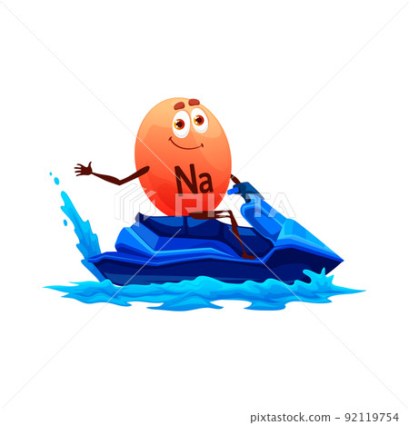 Sodium or natrium micronutrient character on jet ski. Cartoon funny vector sportsman Na element race water bike on sea wave. Vitamin personage watersport recreation, summer holidays activity, vacation 92119754