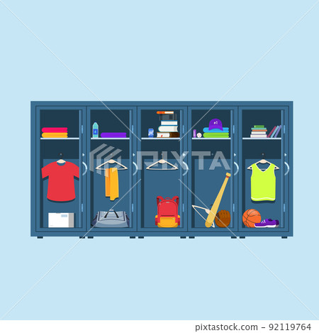 Blue metal Lockers. Lockers in school or gym with silver handles and locks. Crowded safe box with doors open, cupboard and many items. Blue metal Lockers. Lockers in school or gym with silver handles and locks. Crowded safe box with doors open, cupboard and many items. 92119764