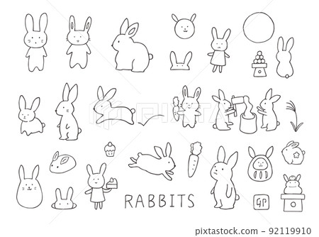 Assorted set of hand-drawn rabbit illustrations (monochrome line drawing) Assorted set of hand-drawn rabbit illustrations (monochrome line drawing) 92119910