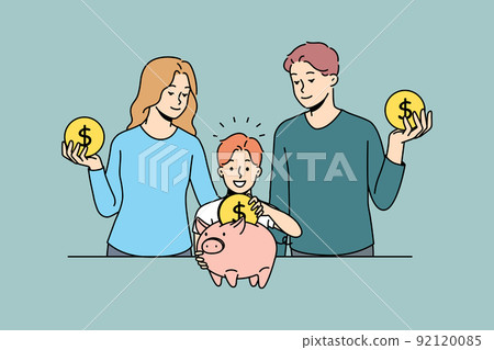 Happy parents and child saving money in piggybank  92120085