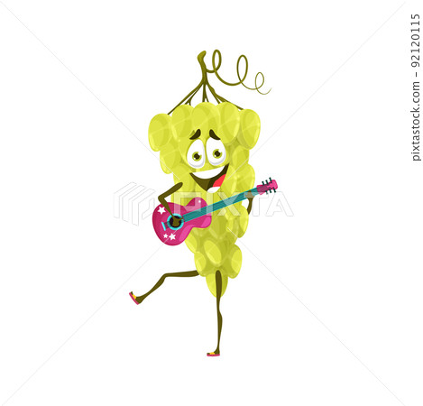 Cartoon cheerful grape musician character with guitar. Funny and happy smiling fruit character, ripe bunch of grapes isolated vector personage playing on guitar musical instrument Cartoon cheerful grape musician character with guitar. Funny and happy smiling fruit character, ripe bunch of grapes isolated vector personage playing on guitar musical instrument 92120115