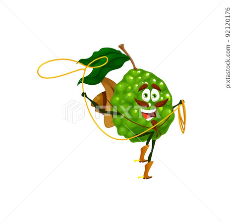 Cartoon bergamot cowboy with lasso. Vector citrus fruit horseman character wear hat and boots spin rope over head. Brave ranger fresh funny tropical plant, isolated fantasy vitamin food personage 92120176