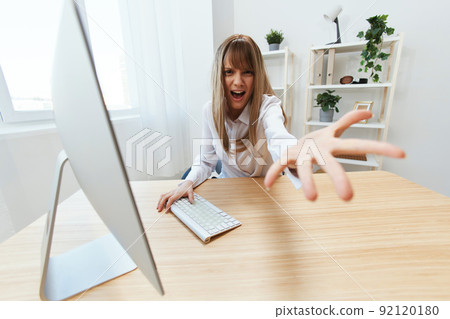Shocked irritated screaming adorable blonde businesswoman worker freelancer made critical mistake in report documents spread palm at camera in light modern office. Copy space, wide angle Shocked irritated screaming adorable blonde businesswoman worker freelancer made critical mistake in report documents spread palm at camera in light modern office. Copy space, wide angle 92120180
