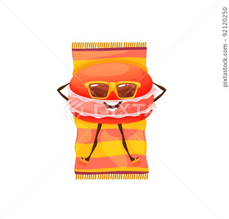 Cartoon macaroon character on summer beach. Vector funny macaron, cute candy dessert wear sunglasses tanning and relax lying on towel. Summertime vacation, kawaii confectionery personage on holidays Cartoon macaroon character on summer beach. Vector funny macaron, cute candy dessert wear sunglasses tanning and relax lying on towel. Summertime vacation, kawaii confectionery personage on holidays 92120250