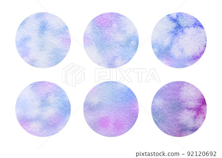Round watercolor stickers set isolated on white background. Blue pink abstraction with spots and strokes 92120692