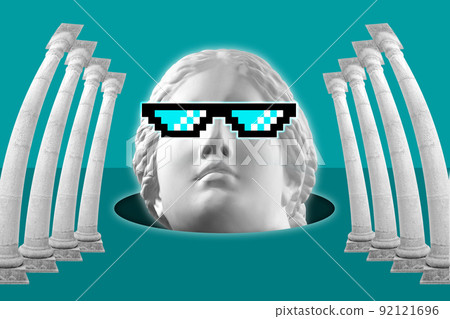 Collage with face of antique sculpture in pixel glasses. Vaporwave style. Modern creative image with head ancient statue Venus. Funky punk template for art, dj, fashion, zine. Contemporary art poster. Collage with face of antique sculpture in pixel glasses. Vaporwave style. Modern creative image with head ancient statue Venus. Funky punk template for art, dj, fashion, zine. Contemporary art poster. 92121696