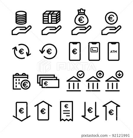 Icon set for money, banknotes, coins, payments, investments, accounting, currencies, e-commerce, households, and finance 92121991