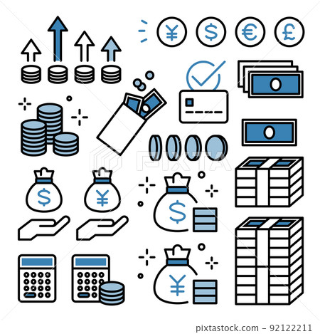 Icon set of money, banknotes, coins, payments, investment, accounting, currency, household budget, finance 92122211