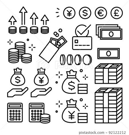 Icon set of money, banknotes, coins, payments, investment, accounting, currency, household budget, finance 92122212
