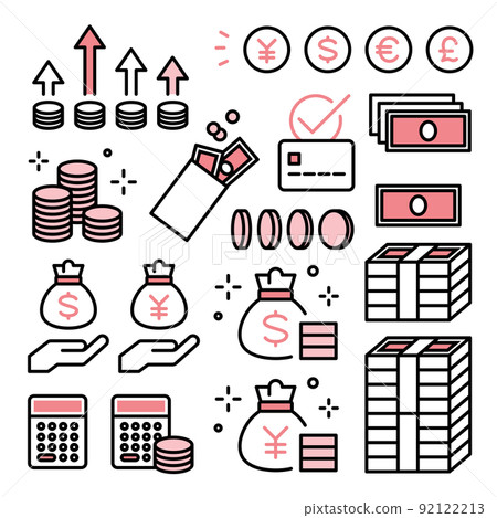 Icon set of money, banknotes, coins, payments, investment, accounting, currency, household budget, finance 92122213